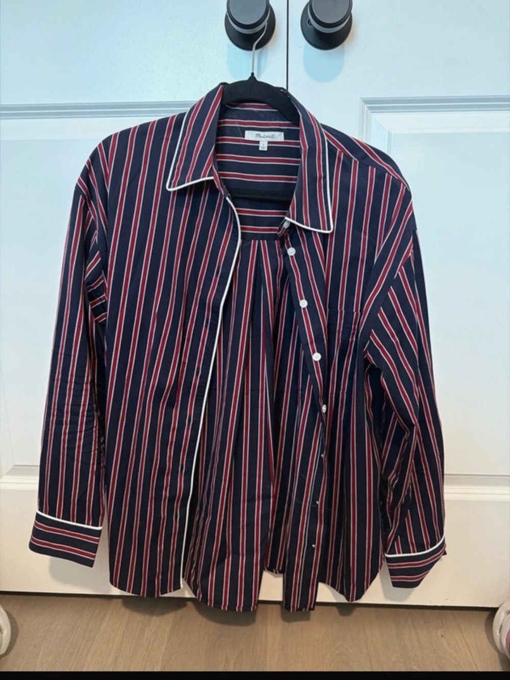 Madewell Navy Button-Down with Red and White Stripes